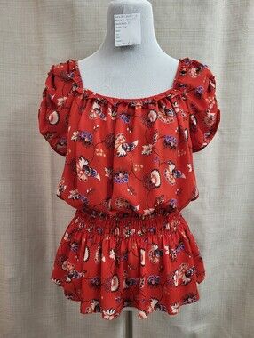 Max Studio Top Women's Red Floral Print Short Sleeve Blouse Elastic Waist Size L